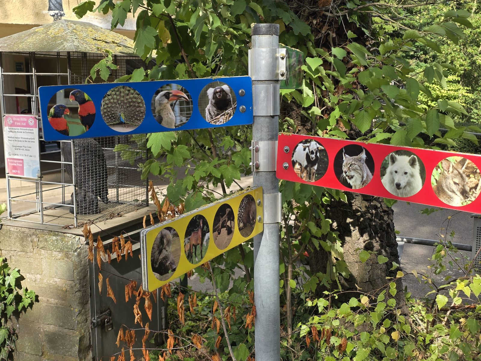 Bebilderter Wegweiser zu den Tierbereichen im Brückenkopf-Park