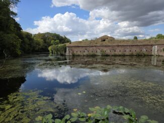 Wassergraben und Ziegelmauer der napoleonischen Festungsanlage im Brückenkopf-Park Jülich