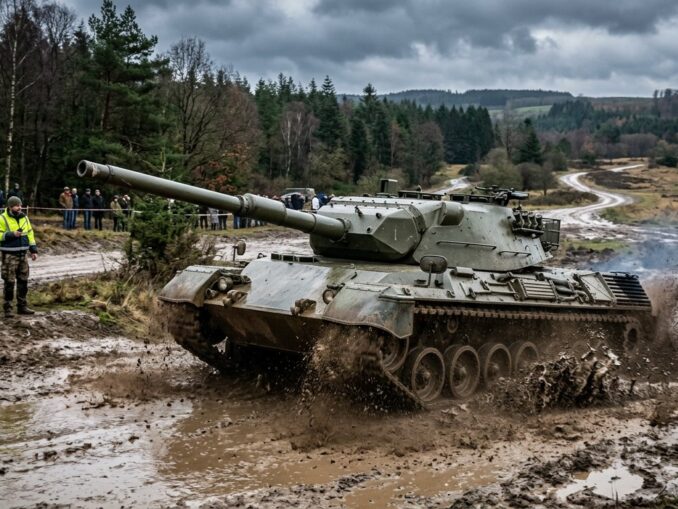 Kettenfahrzeug beim Panzerfahren auf einer Gelaendestrecke in Deutschland