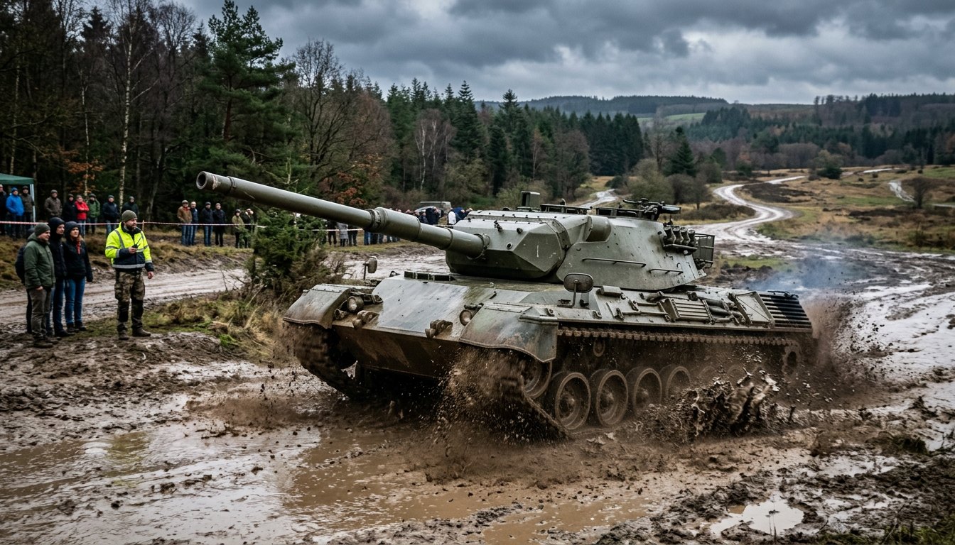 Kettenfahrzeug beim Panzerfahren auf einer Gelaendestrecke in Deutschland