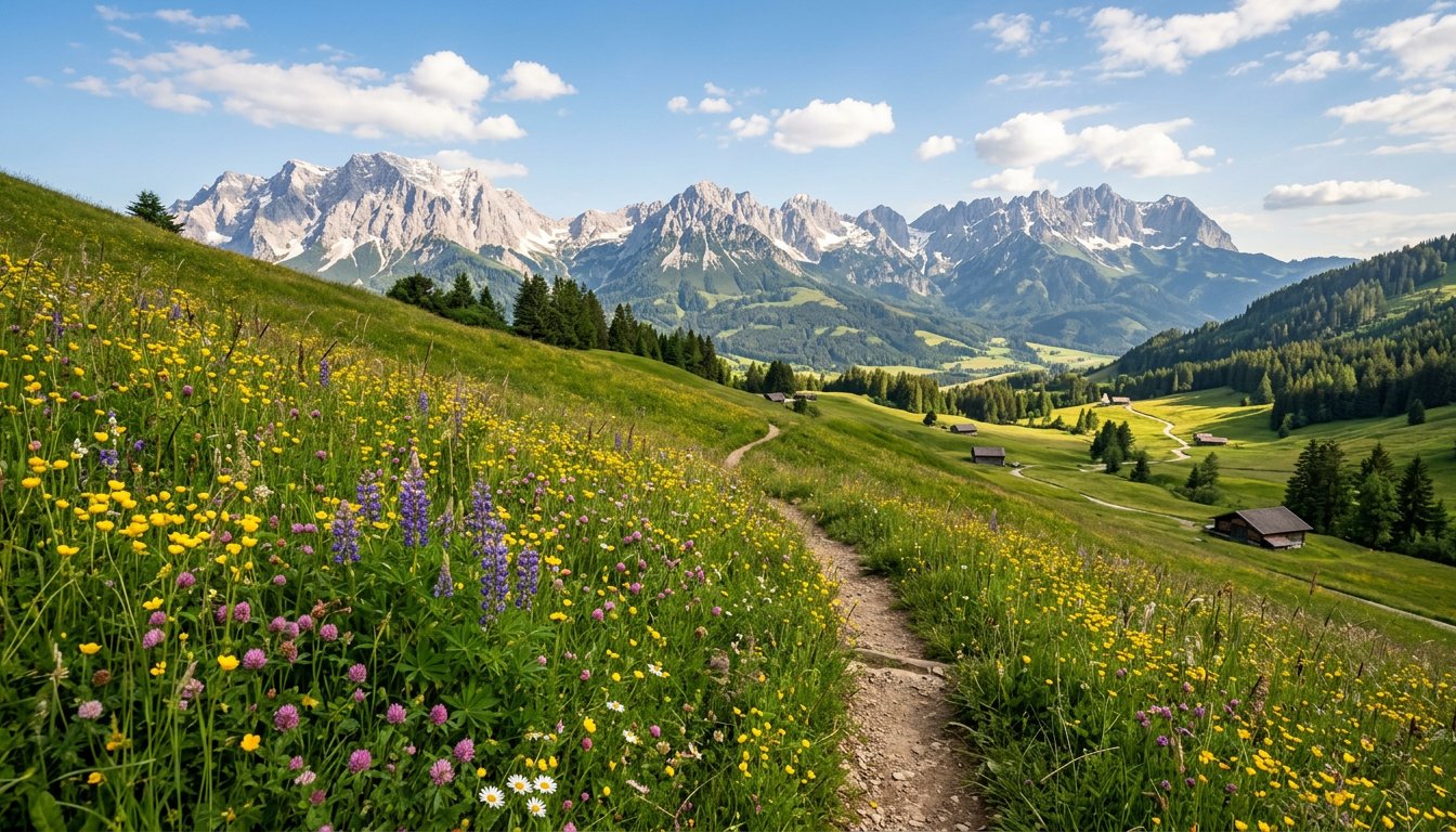 Sommerliche Berglandschaft mit Almwiese, Wanderweg und schneebedeckten Gipfeln im Hintergrund – typisches Motiv für einen Bergurlaub in den warmen Monaten.