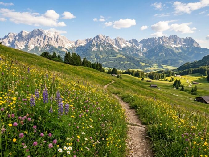 Sommerliche Berglandschaft mit Almwiese, Wanderweg und schneebedeckten Gipfeln im Hintergrund – typisches Motiv für einen Bergurlaub in den warmen Monaten.