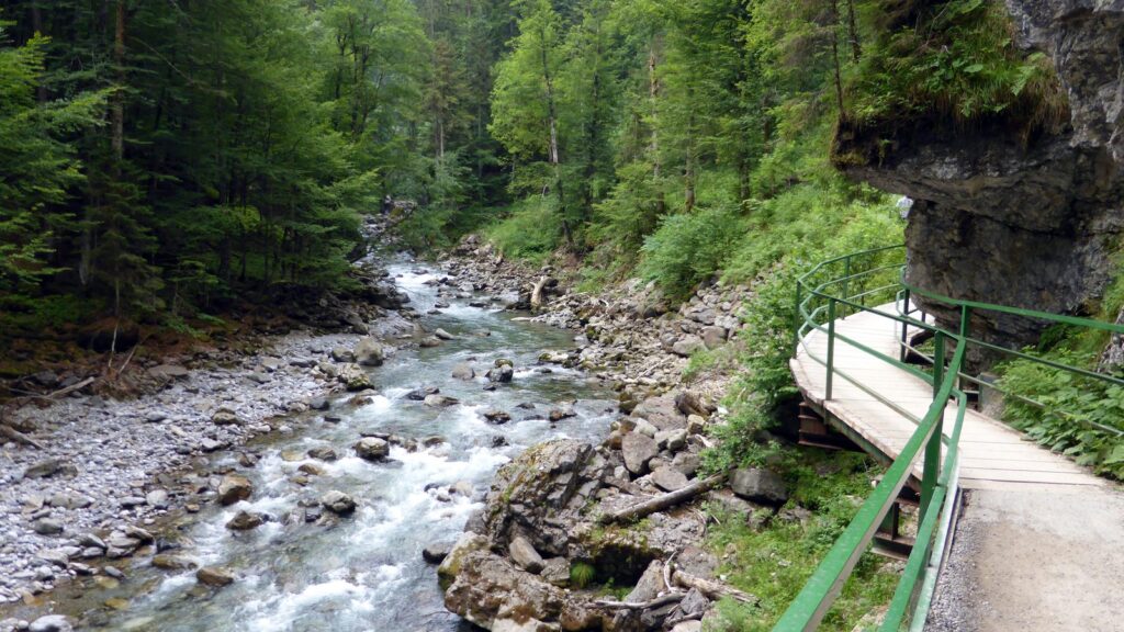 Holzsteg am Felsen entlang der Breitach im unteren Teil der Breitachklamm