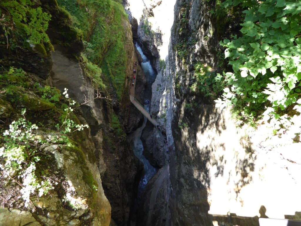 Tiefblick in die enge Schlucht des Zwing mit Steg über der Breitach