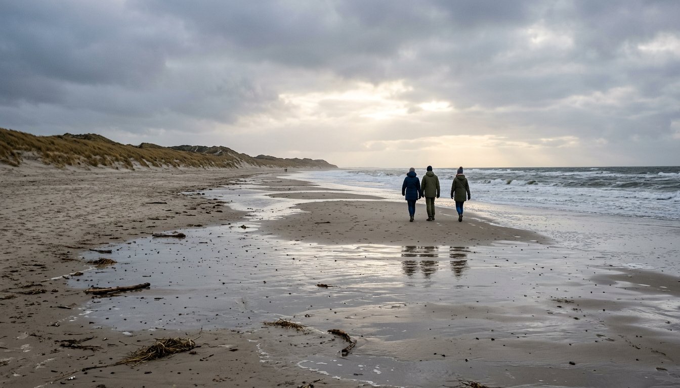 Winterlicher Nordseestrand mit wenigen Spaziergängern unter bedecktem Himmel
