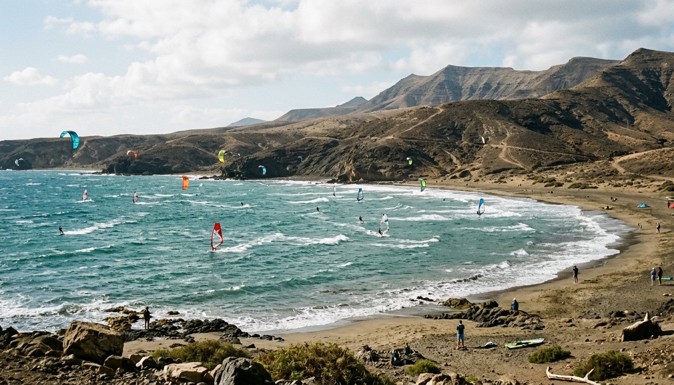 Wind- und Kitesurfer in einer windigen Bucht vor trockenen Vulkanhügeln