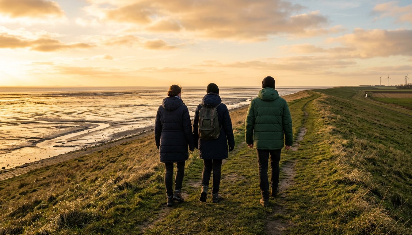 Spaziergang auf dem Deich an der Nordsee im Winter