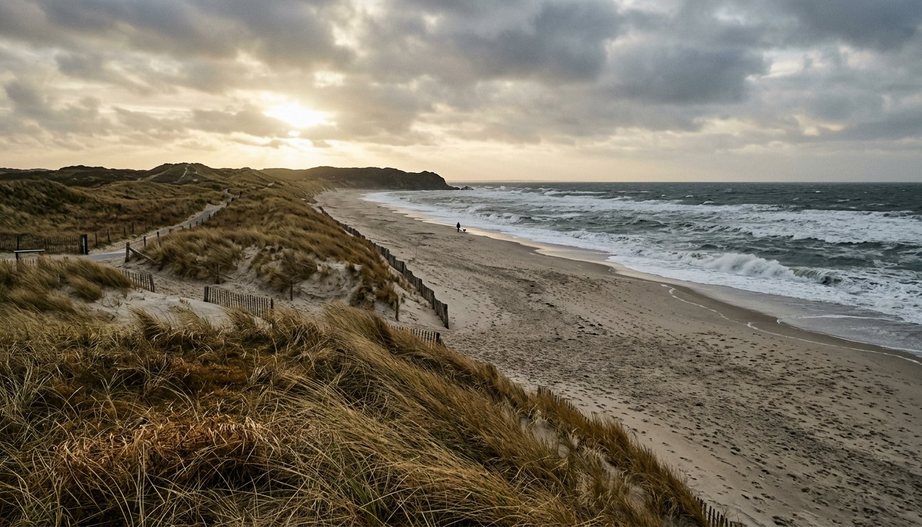 Leerer Nordseestrand im Winter mit Dünengras und Brandung bei tief stehender Sonne