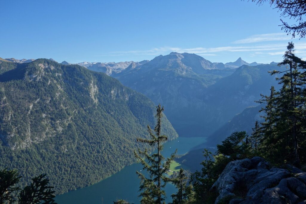 Blick vom Achenkopf über den bewaldeten Talkessel auf den langgestreckten Königssee