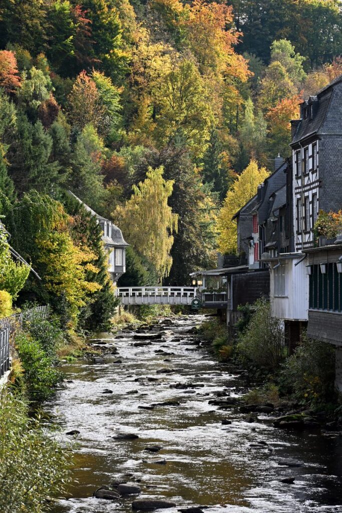 Herbstlich gefärbtes Rurtal mit Fachwerkhäusern und weißer Brücke in Monschau