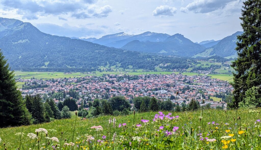 Blick vom Wallrafweg über den Ort Oberstdorf und die Allgäuer Alpen