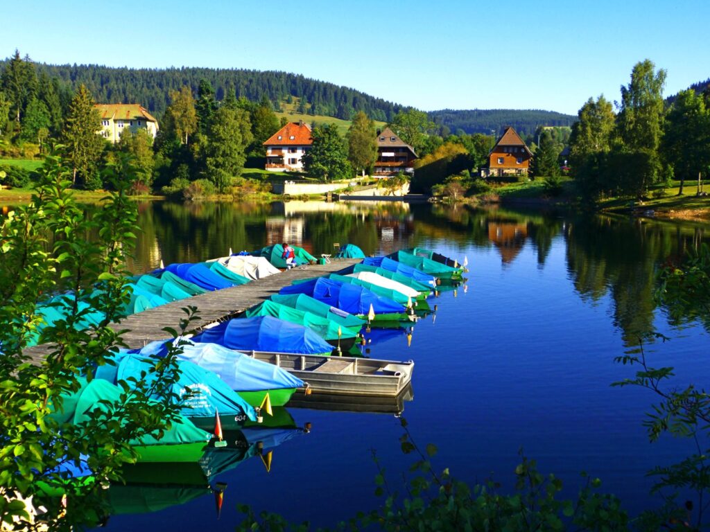 Tretboote und Ruderboote am Bootssteg im Schluchsee vor Schwarzwaldhäusern