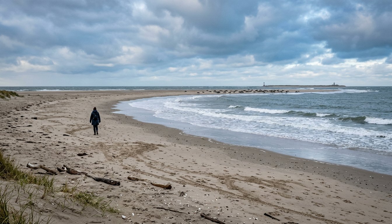 Breiter Sandstrand an der Nordspitze einer Nordseeinsel im Herbst