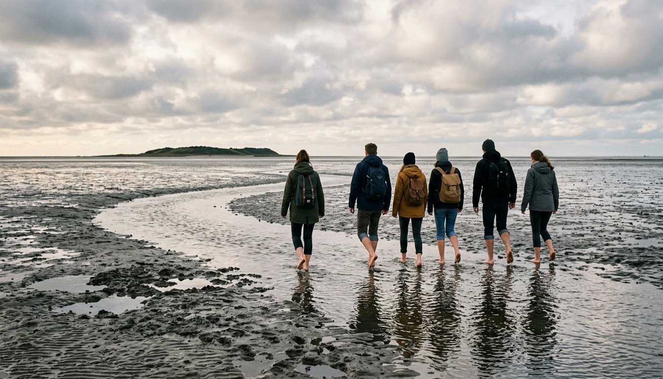Gruppe bei einer geführten Wattwanderung zwischen zwei Nordseeinseln
