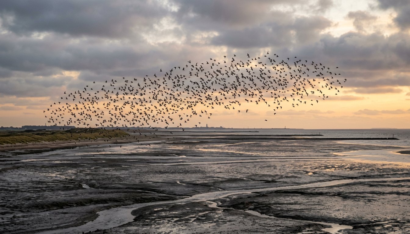 Schwarm Zugvögel über dem Wattenmeer im Herbst