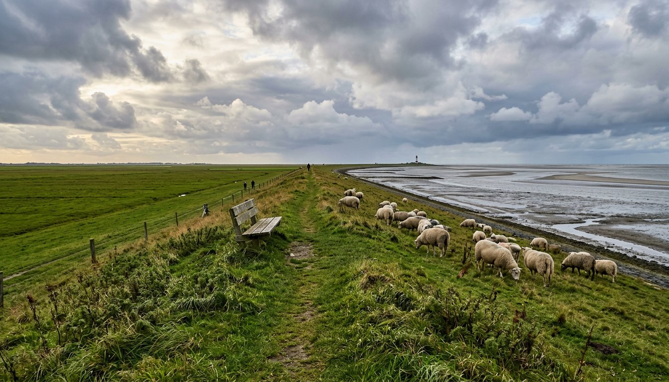 Grasbewachsener Deich mit Schafen auf einer flachen Nordseeinsel
