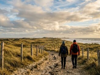 Wanderer auf einem markierten Dünenweg einer Nordfriesischen Insel im Herbst