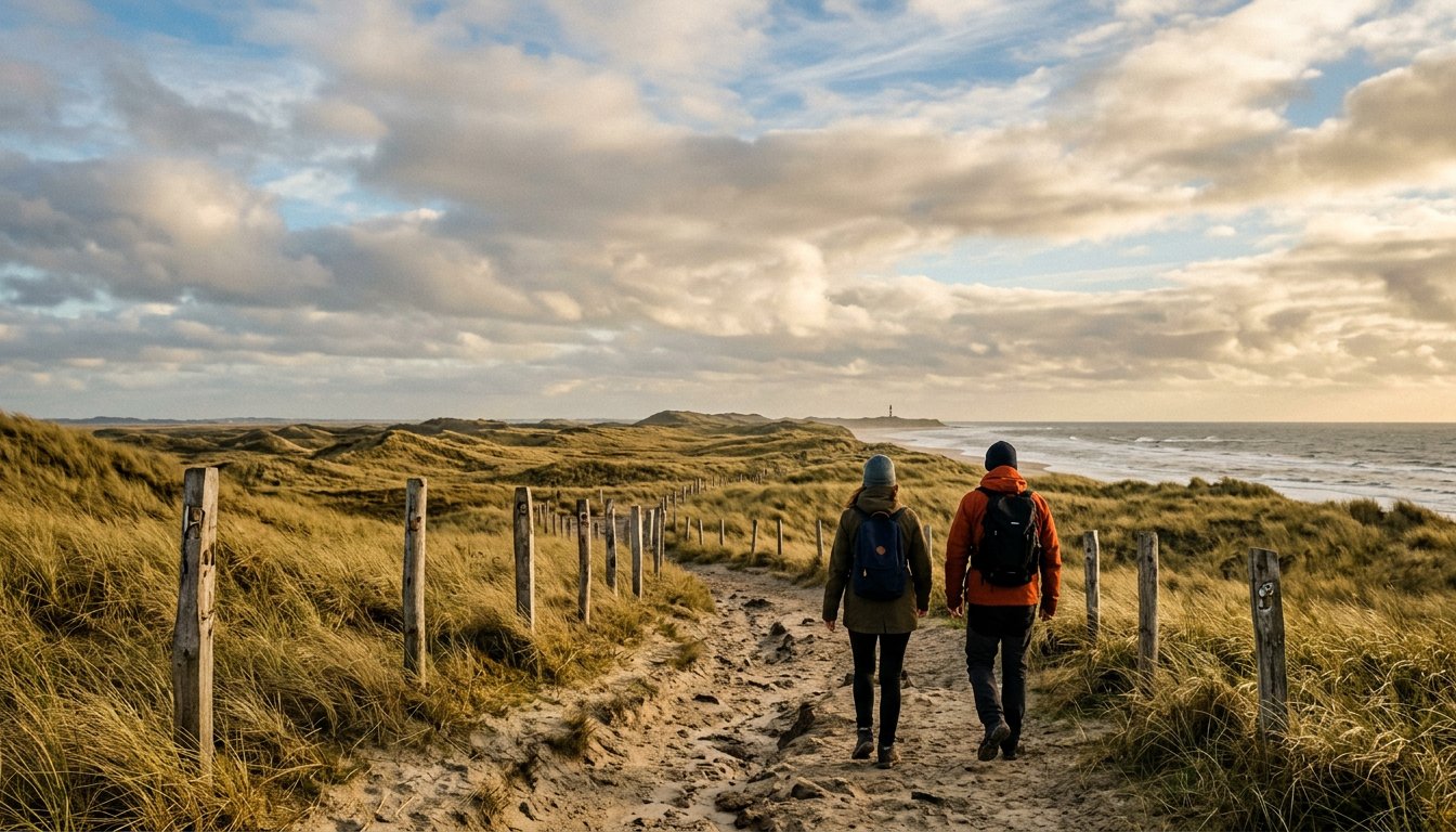 Wanderer auf einem markierten Dünenweg einer Nordfriesischen Insel im Herbst
