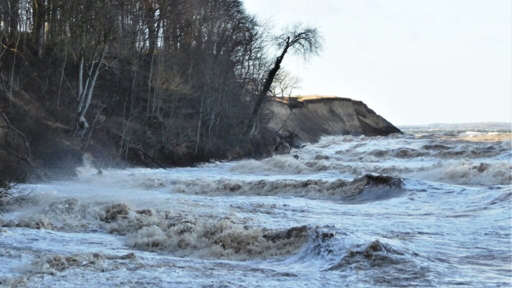 Sturmwellen brechen im Januar vor der bewaldeten Steilküste bei Weissenhäuser Strand