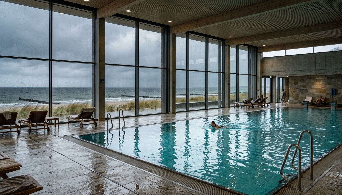Hallenbad mit großen Fenstern und Blick auf die Ostsee bei Regenwetter