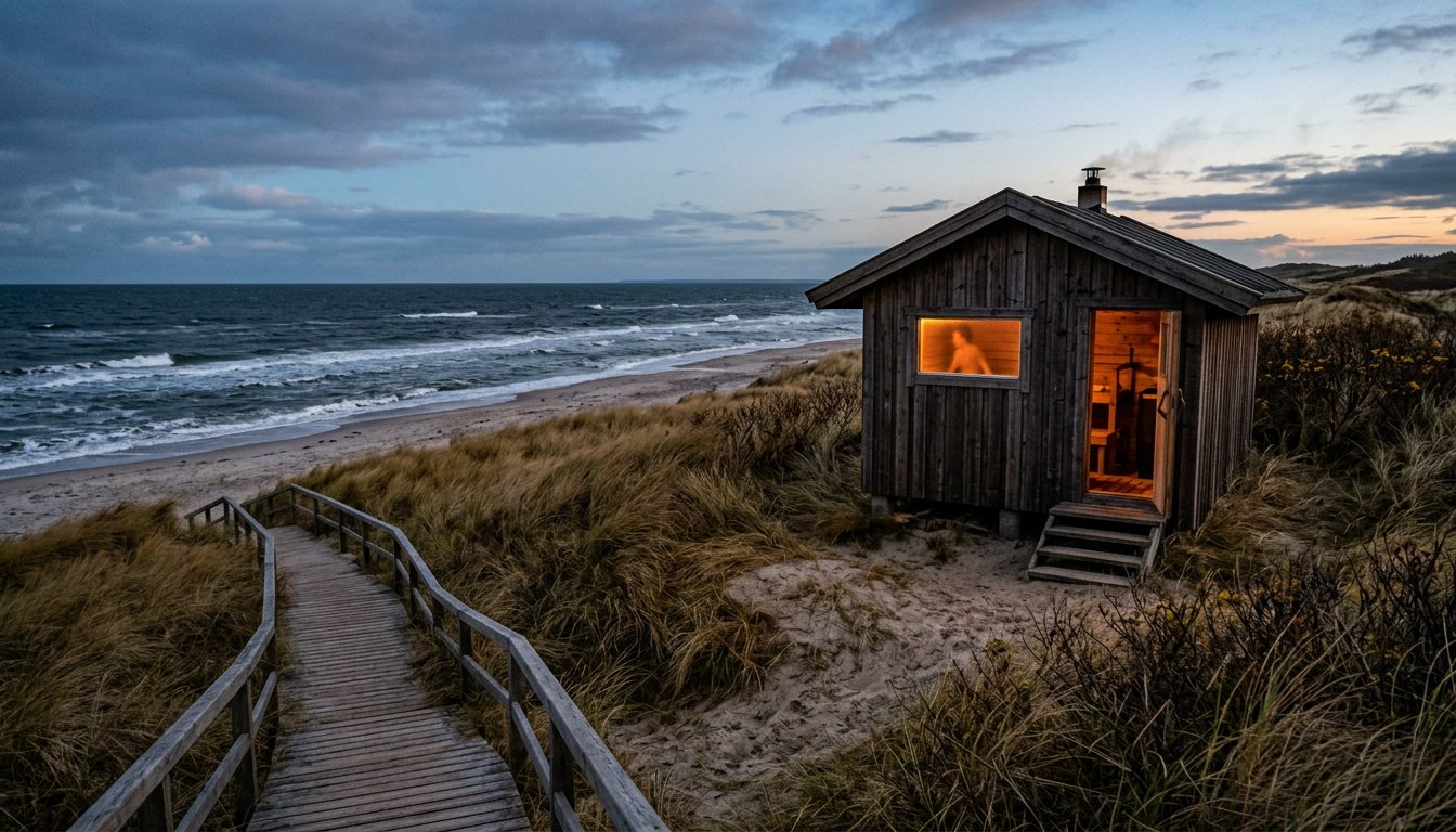 Holzsauna in den Dünen an der Ostsee in der Abenddämmerung