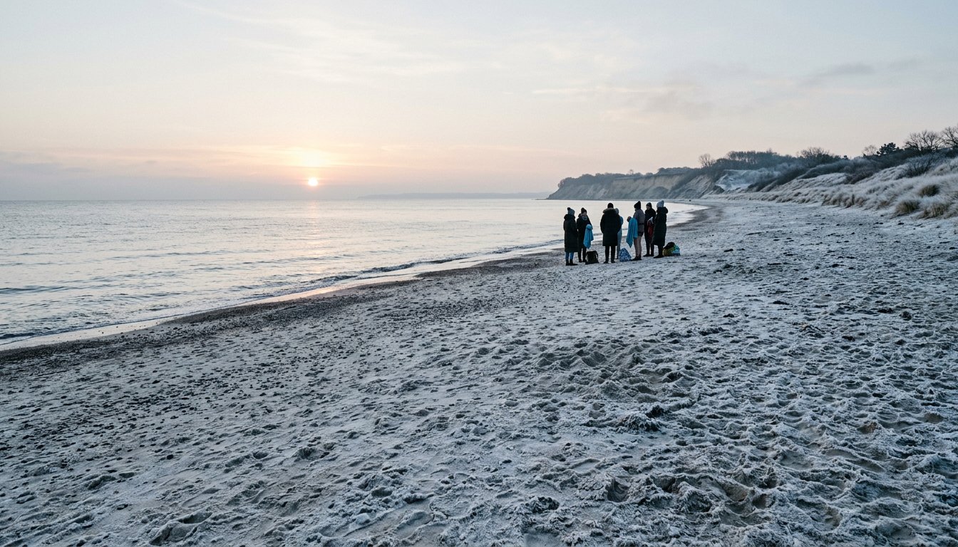 Winterlicher Ostseestrand mit Raureif und tief stehender Sonne