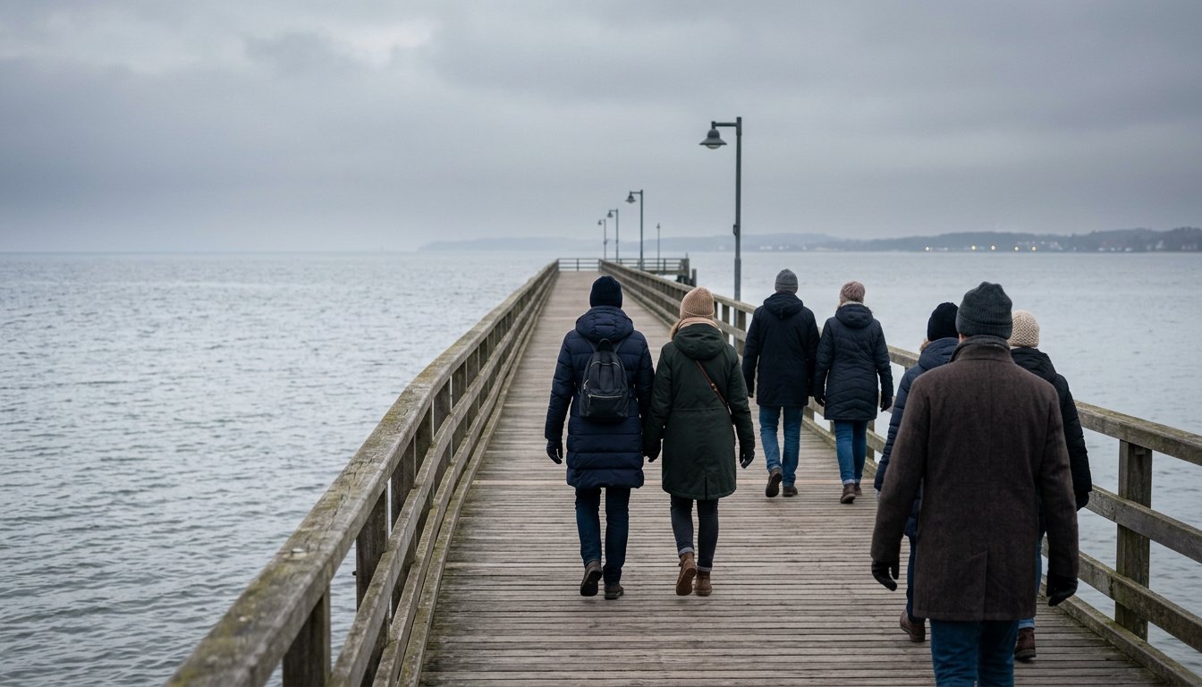 Spaziergang auf einer Seebrücke an der Ostsee im Herbst