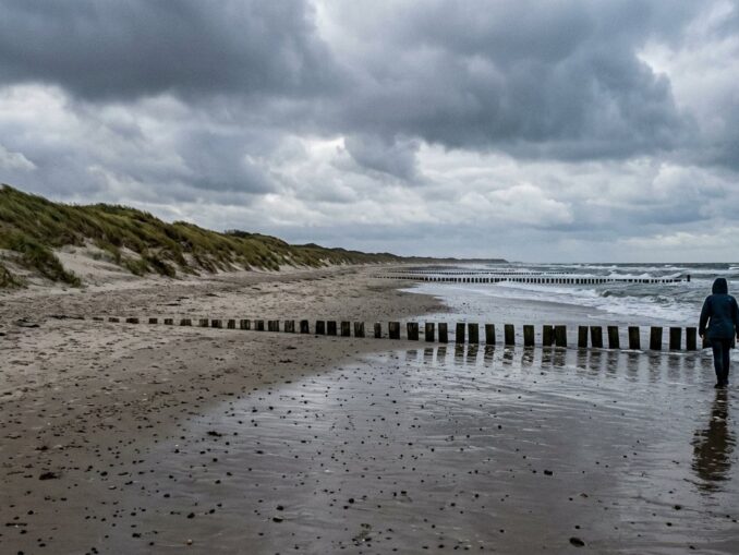 Ostseestrand im Herbst mit Buhnen, Dünengras und grauem Himmel