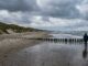 Ostseestrand im Herbst mit Buhnen, Dünengras und grauem Himmel