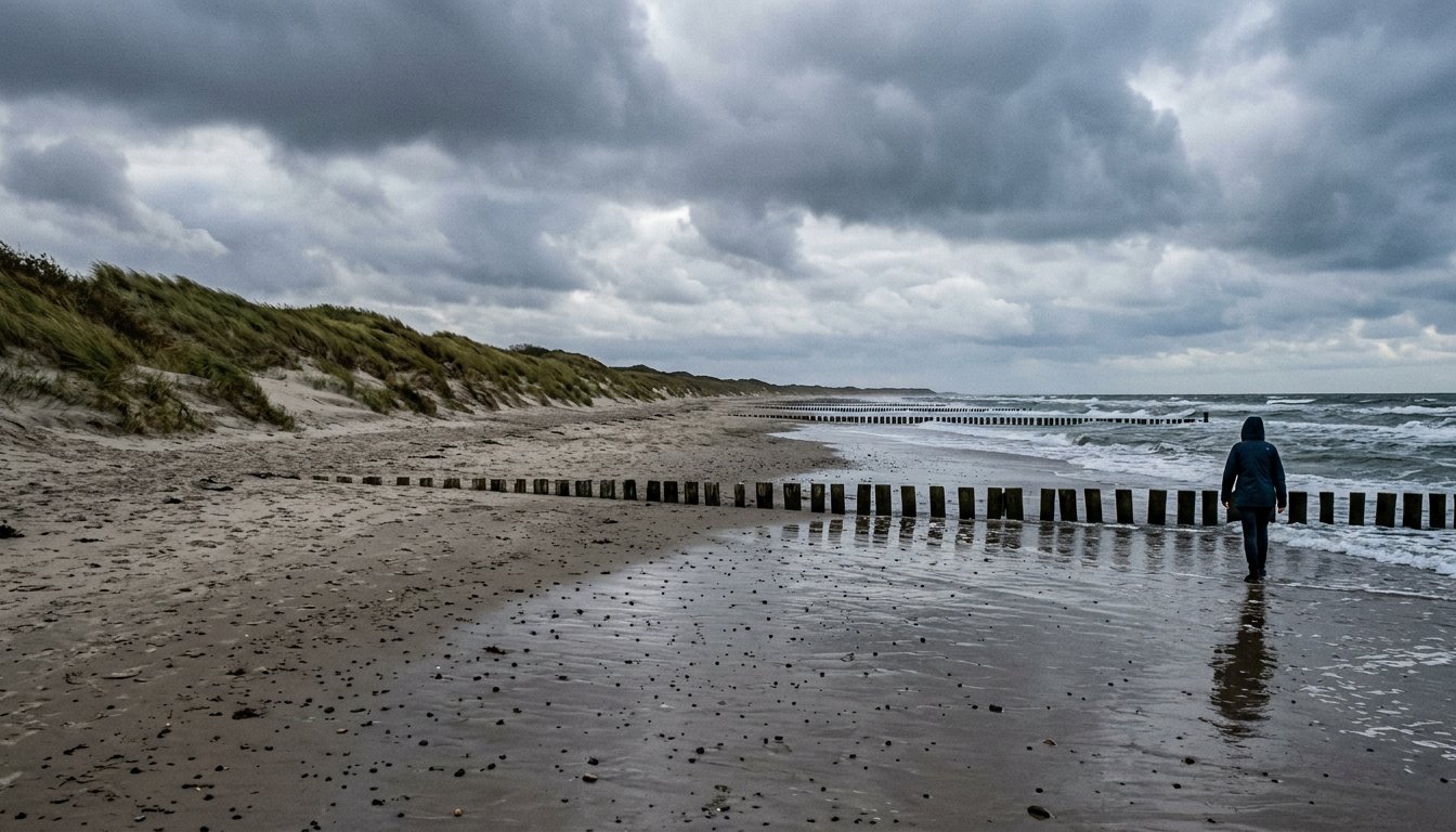 Ostseestrand im Herbst mit Buhnen, Dünengras und grauem Himmel