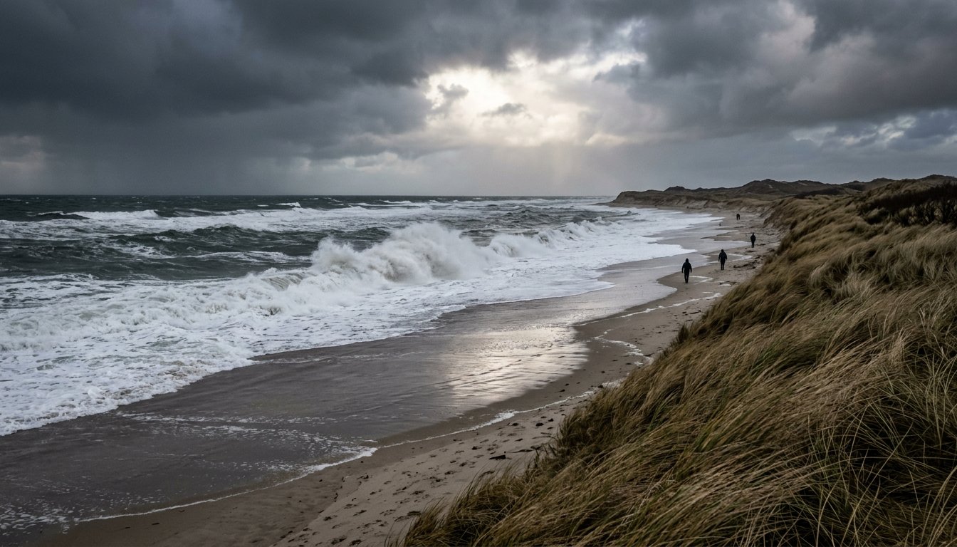 Brandung und dunkle Wolken an einem Nordseestrand bei Wintersturm