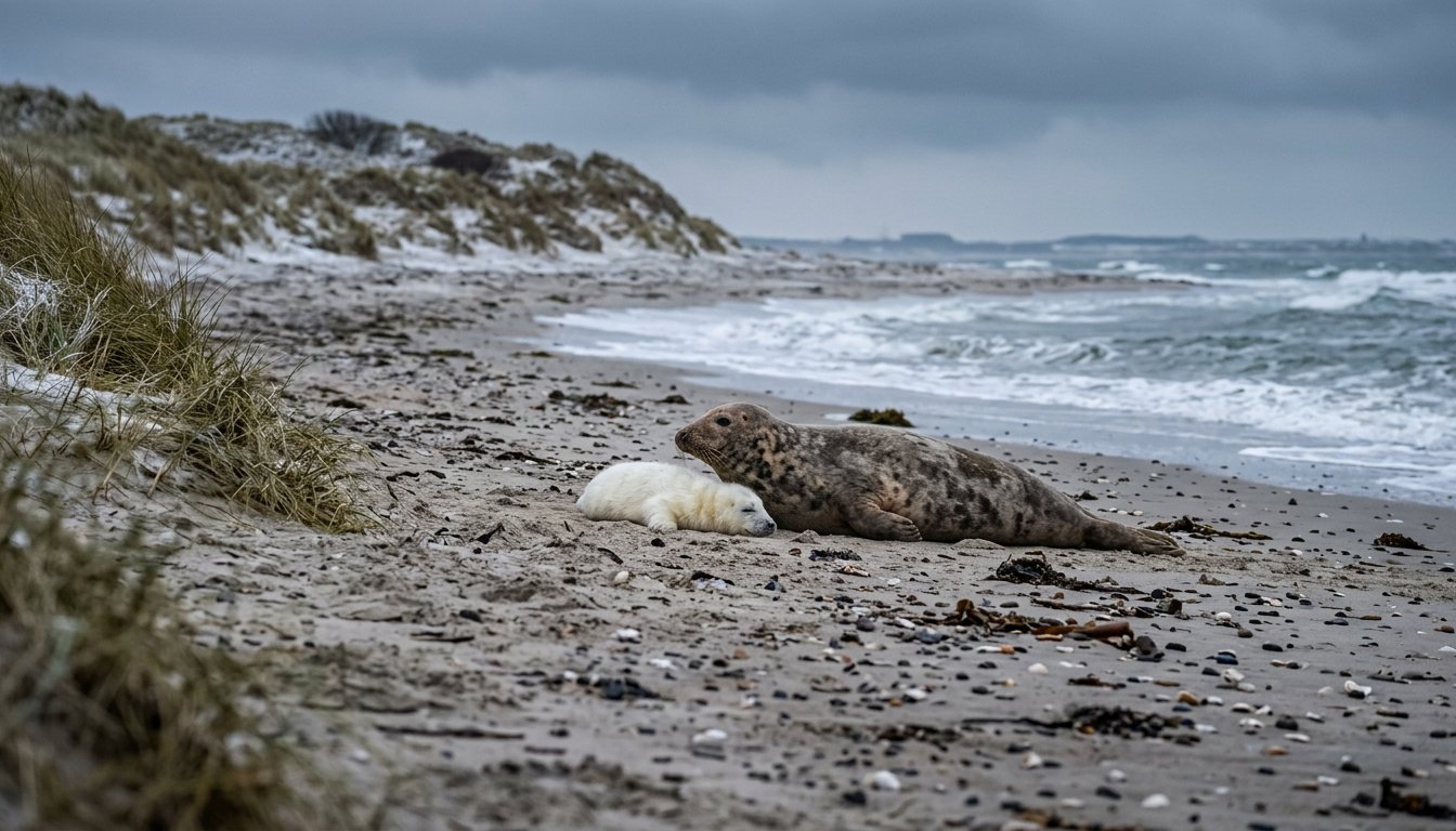 Kegelrobbe mit weißem Jungtier am Strand einer Nordseeinsel im Winter