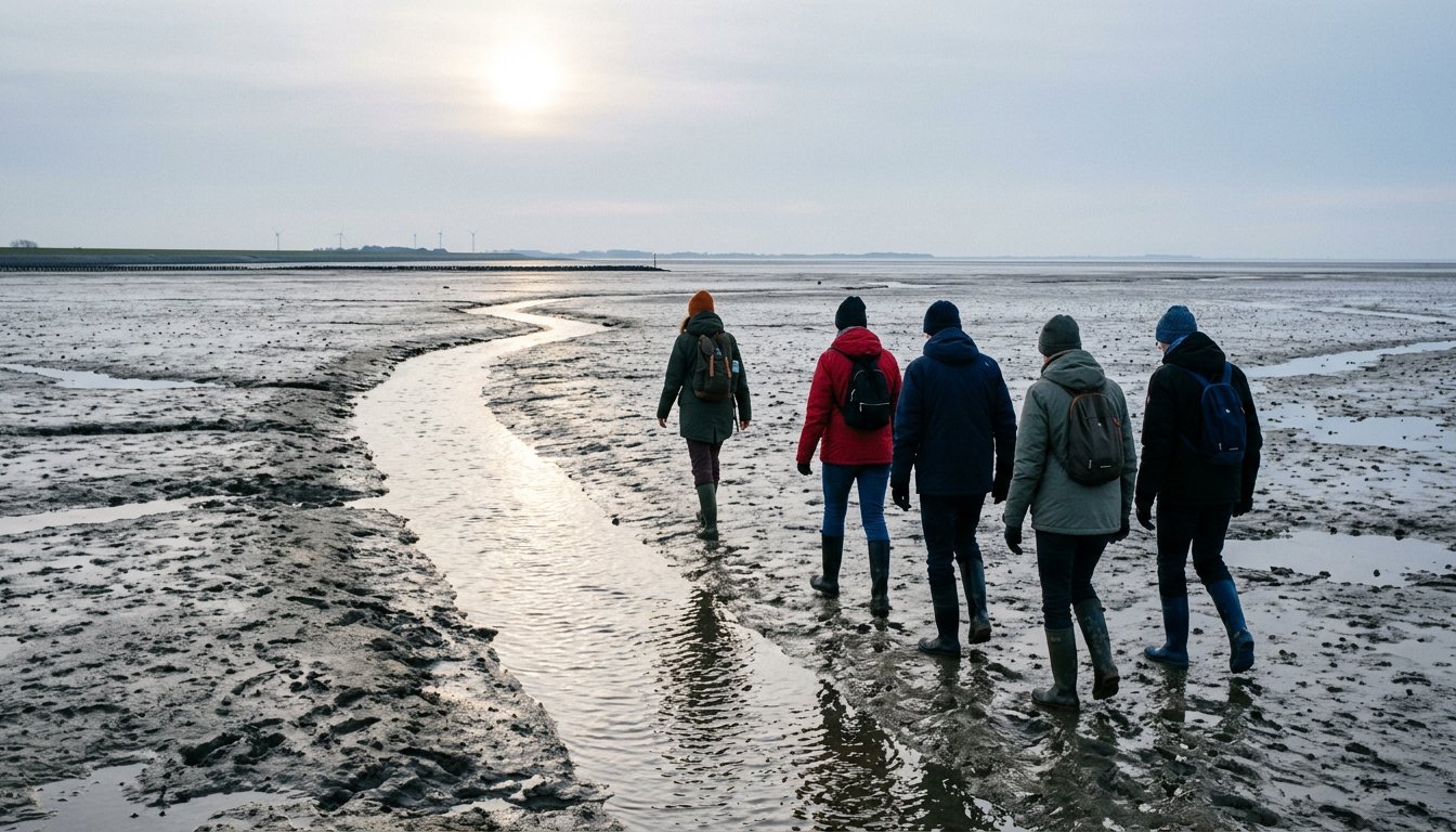 Geführte Wattwanderung im Winter mit Gummistiefeln bei Niedrigwasser
