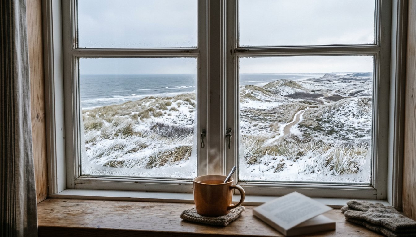 Blick aus einer Ferienwohnung auf winterliche Dünen
