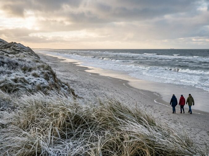Leerer Nordseestrand im Winter mit Dünengras und tief stehender Sonne