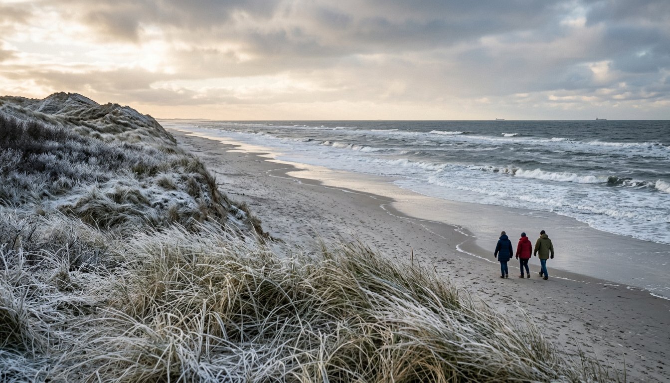 Leerer Nordseestrand im Winter mit Dünengras und tief stehender Sonne