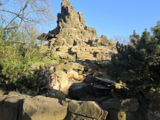 Künstliche Felsenanlage im Zoo Berlin unter blauem Himmel im Frühjahr
